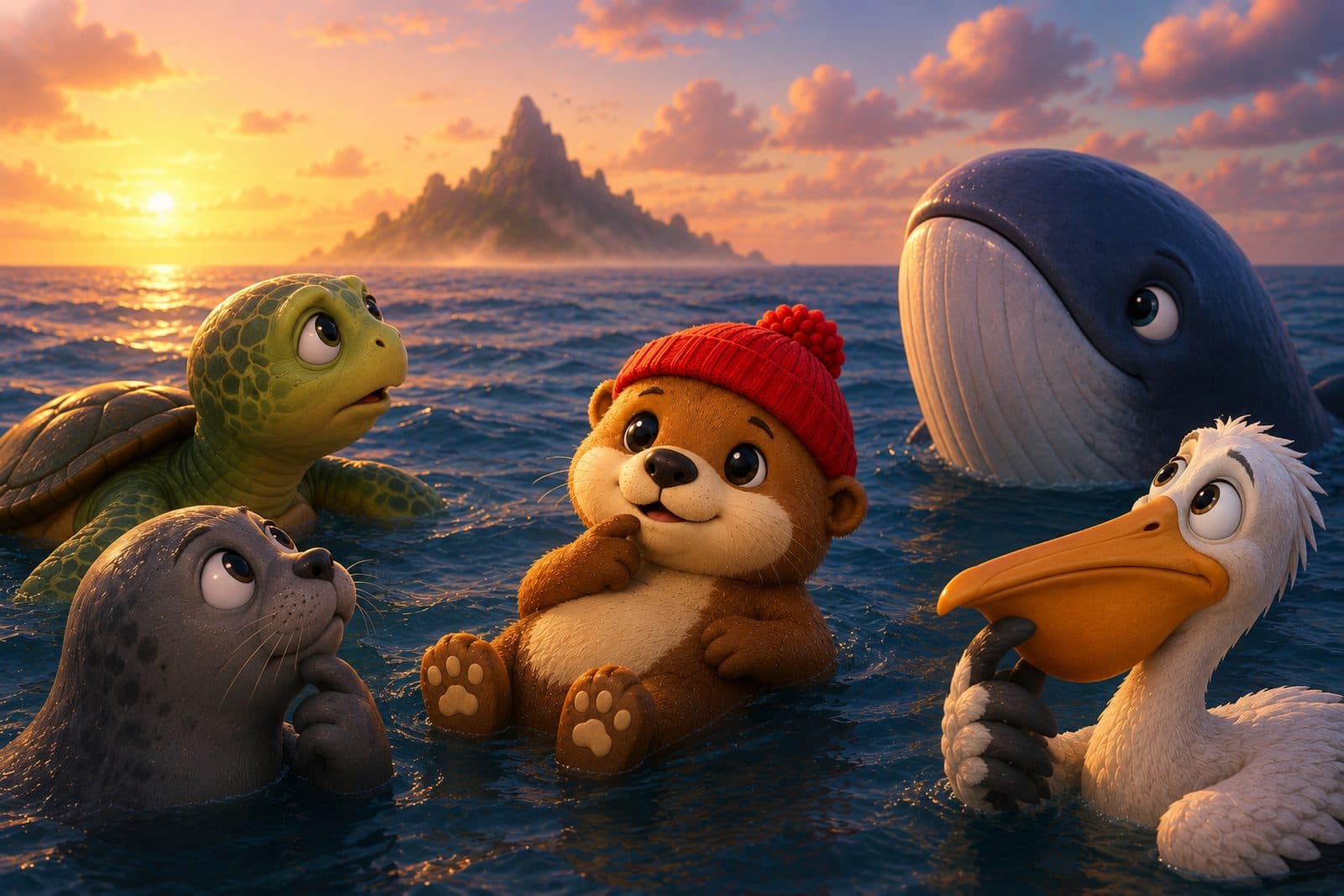 OTTR showing the distant island to the turtle, seal, whale and pelican at sunset