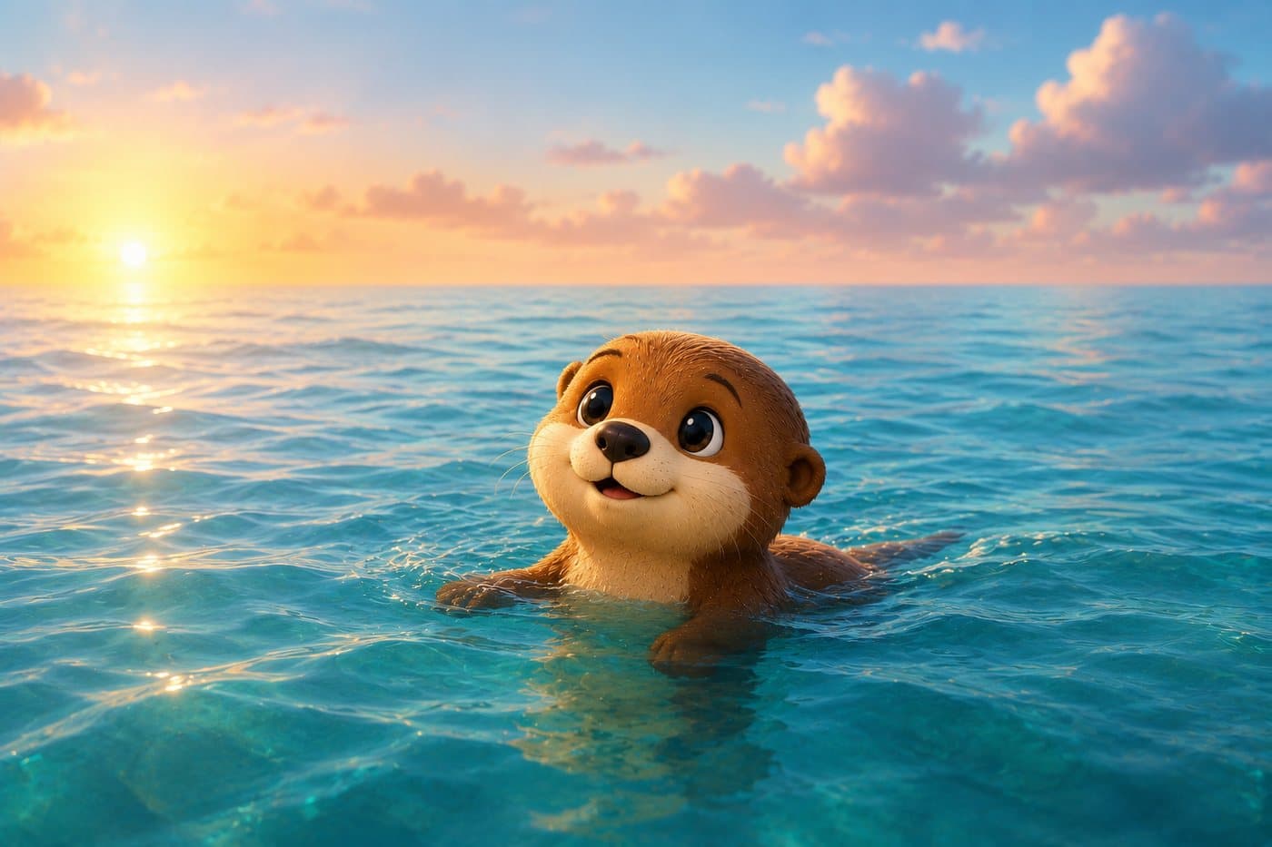 A young OTTR swimming alone across a calm open sea at sunset, no beanie yet.
