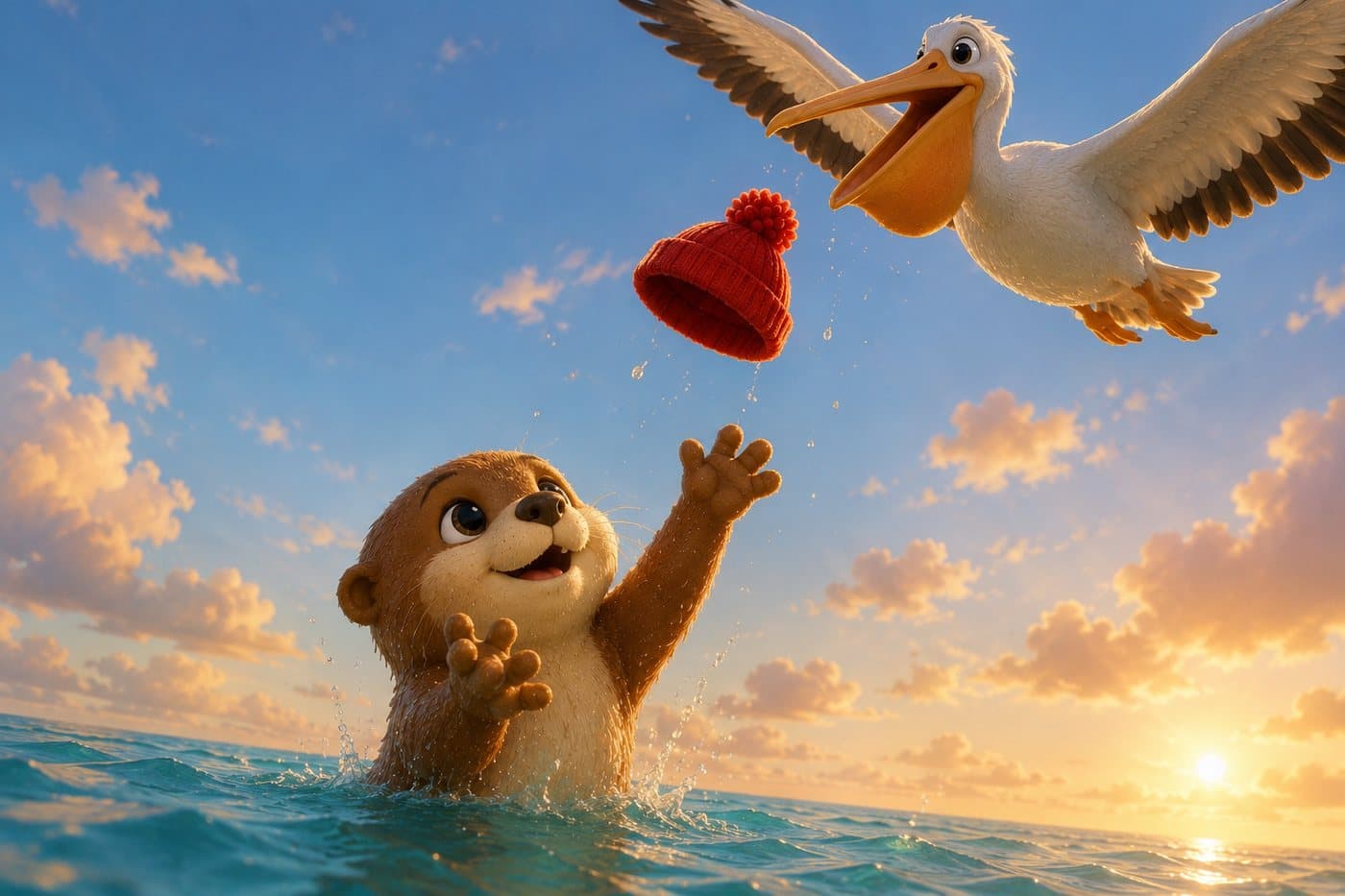A pelican gliding overhead releases a red pom-pom beanie as OTTR reaches up for it.