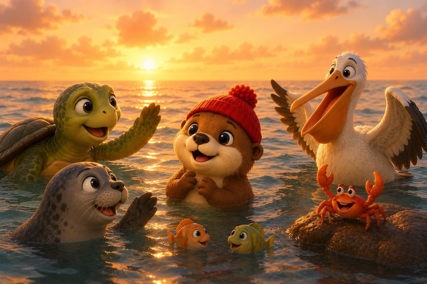 OTTR, now wearing his beanie, welcomed by a turtle, seal, pelican, crab and little fish at sunset.