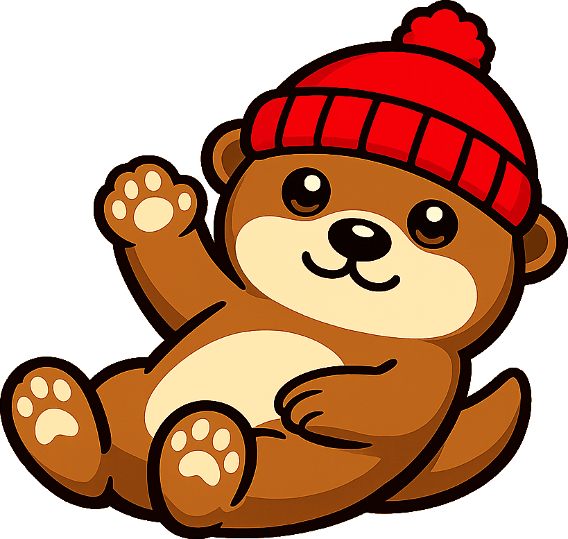 OTTR the otter, wearing the signature red knit beanie, floating happily